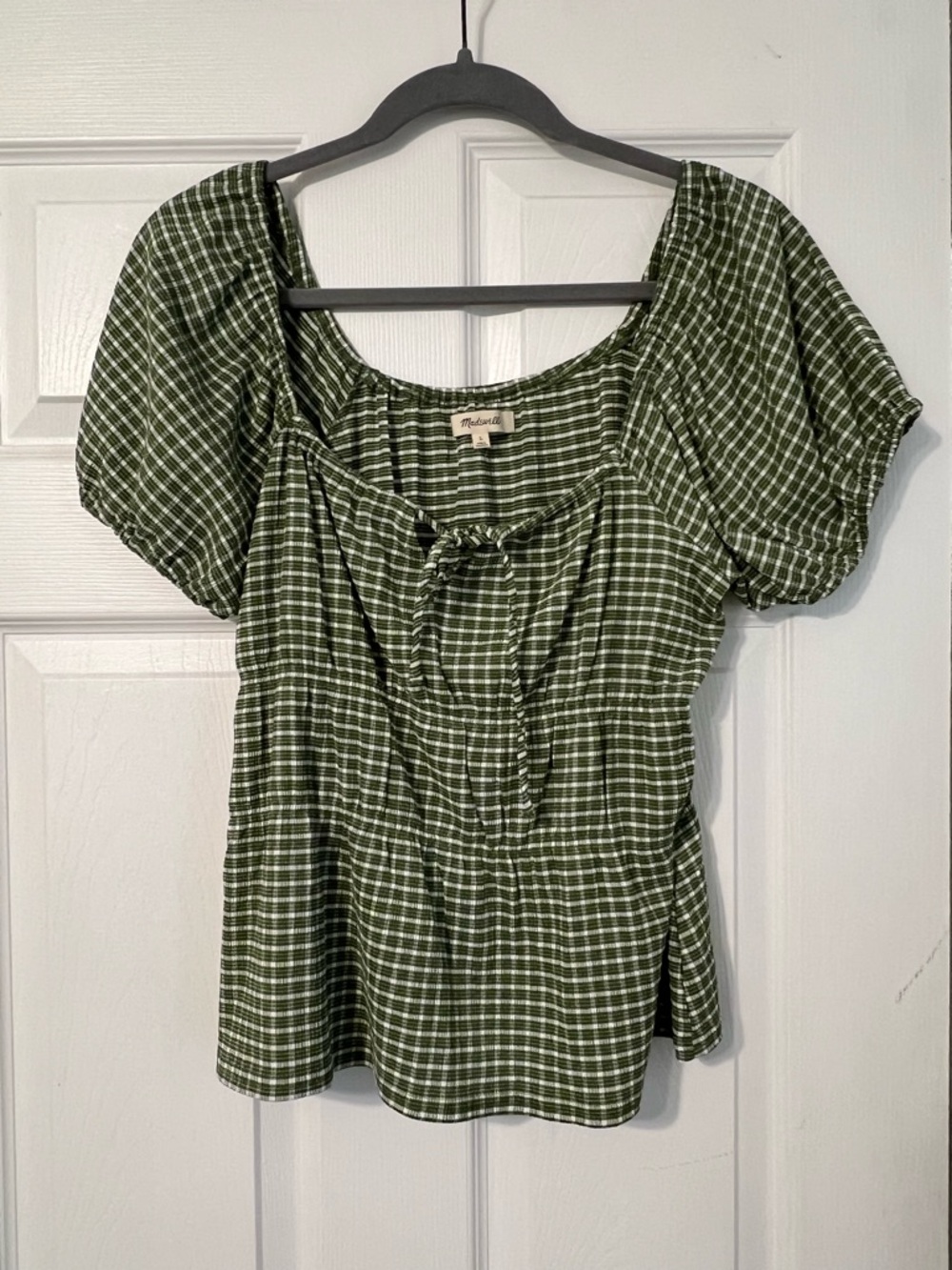 Madewell Green Plaid Puff-Sleeve Tie-Front Top